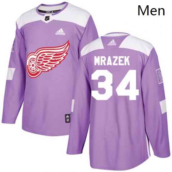 Mens Adidas Detroit Red Wings 34 Petr Mrazek Authentic Purple Fights Cancer Practice NHL Jersey